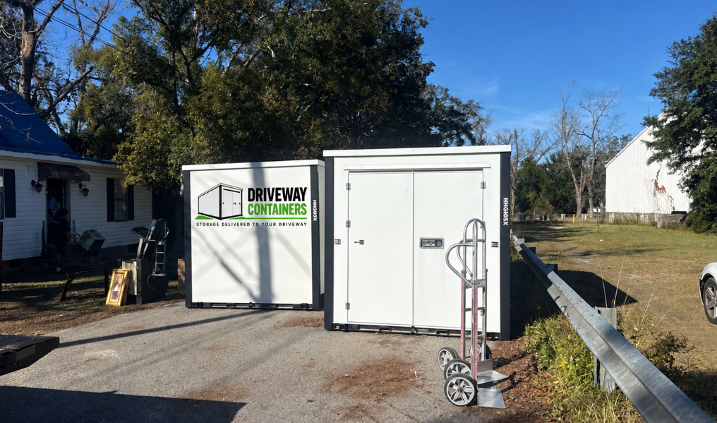Two Driveway Containers units beside a residential driveway